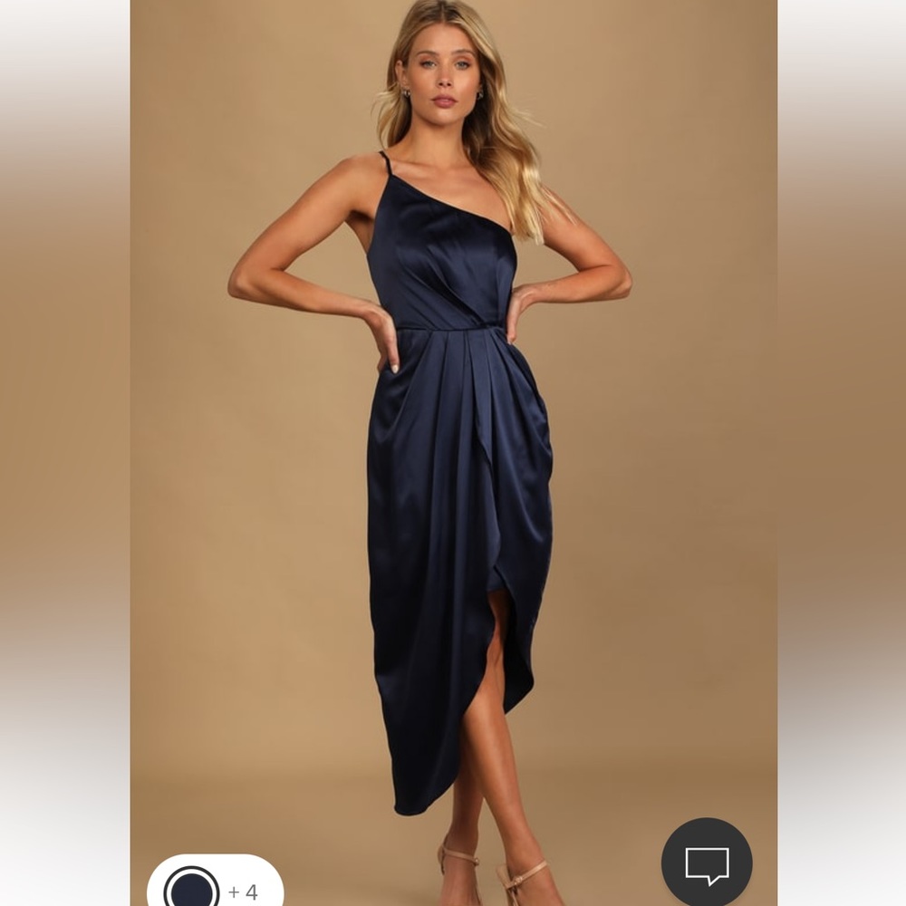 Law of Attraction Navy Blue One-Shoulder Asymmetrical Midi Dress